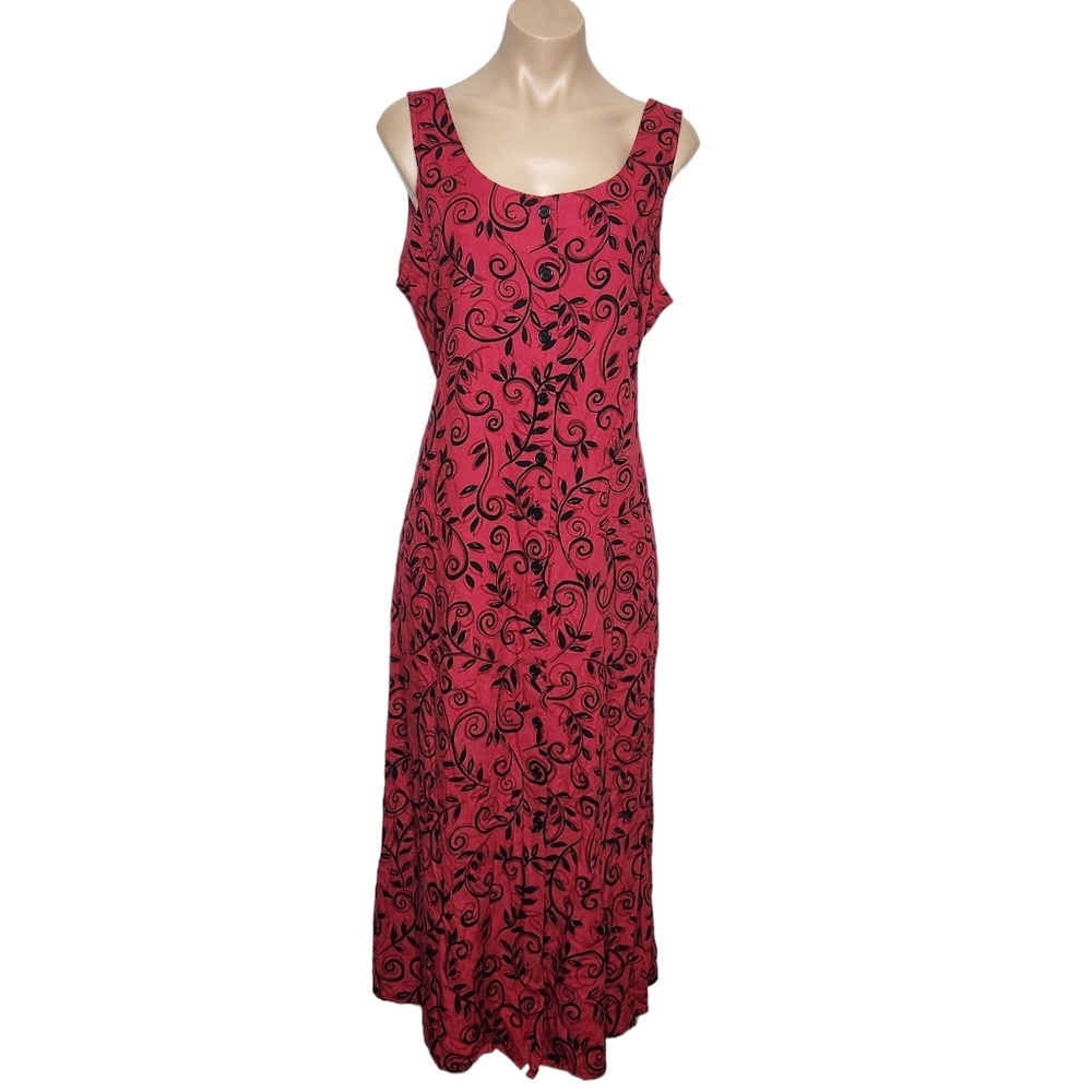 90s Vintage Floral Red Pink Button Front Long Hippie Summer Dress Size 16